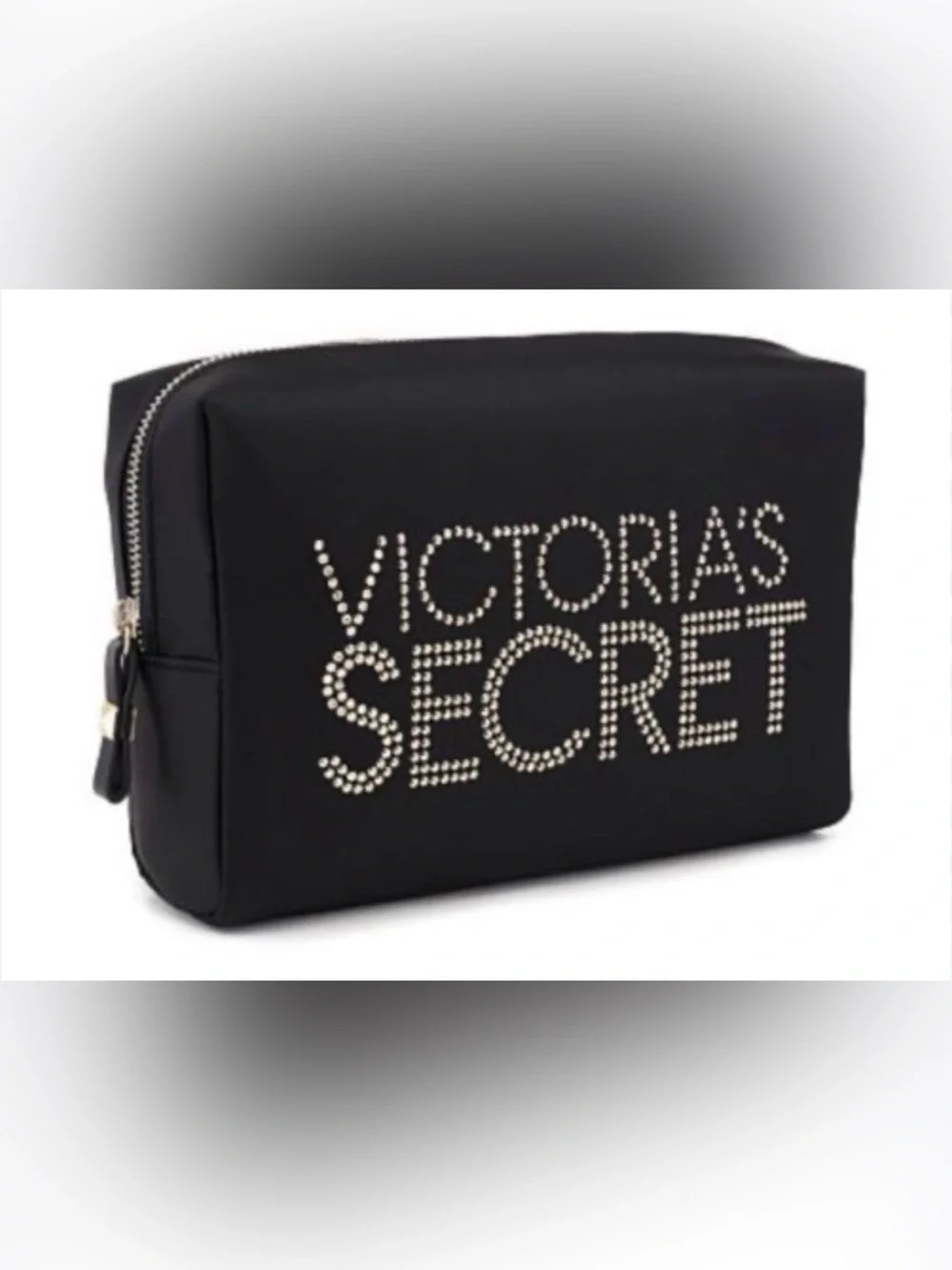 Victoria’s Secret black satin makeup bag, leopard print interior